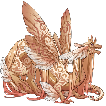 a cream dragon from the website Flight Rising. The species is a Veilspun with all three colors in the white shade titled cream. It has a fern gene pattern for it's wings, a paisley gene pattern on its body, and a Diaphanous gene which adds delicate wings t