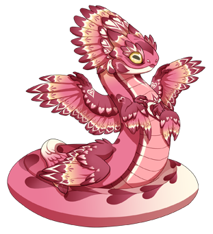 a pink dragon from the website Flight Rising. The species is a Auraboa with all three colors in the pink shade titled cottoncandy. It has a matching heart patterned gene for its wings and body called love and affection. It’s name is Beloved and this is a p