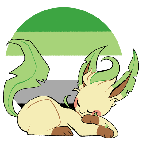 The pokemon Leafeon sleeping in front of a circle with the aromantic flag. It is smiling and looks very comfortable.